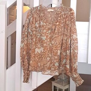 Ulla Johnson bohemian print blouse  ruffle neck shirred cuffs& Back Sz 2 EUC